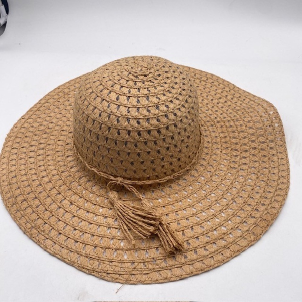 Unbranded Floppy Sun Hat Women OSFM Tan Woven Paper Straw Tassel Beach Wide Brim